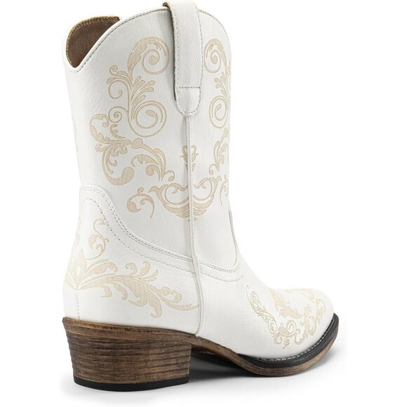 🆕White Women's Cowboy Cowgirl Western Ankle Boots Faux Leather Chunky Low Heels - Picture 3 of 7